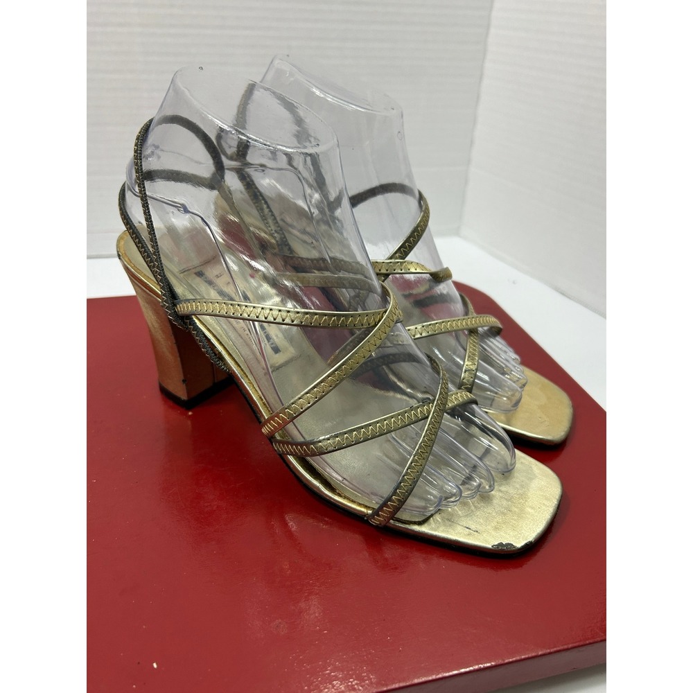 New York Transit Strappy Heels 7M Gold Metallic Square Toe Y2K Glam Sandals